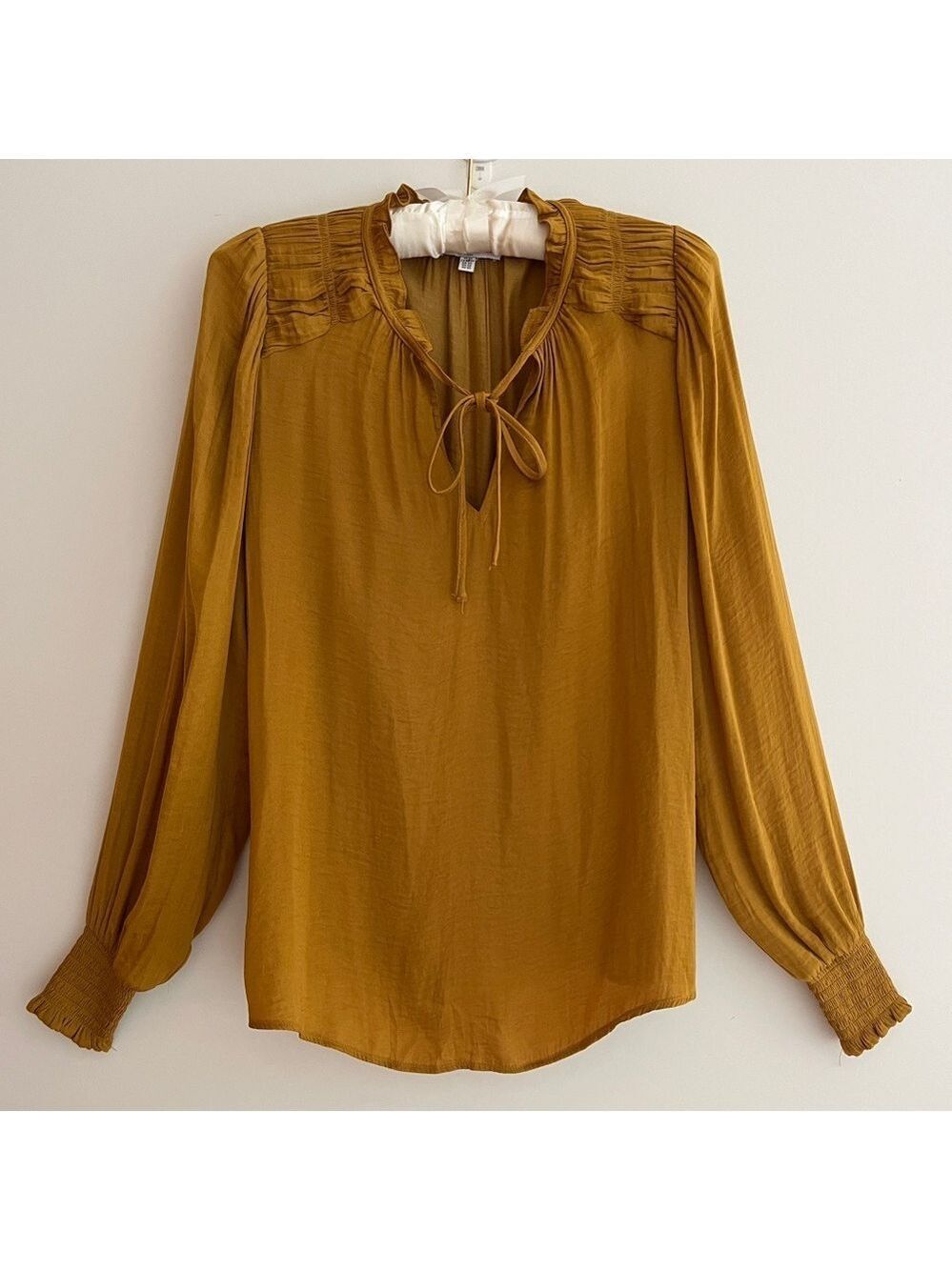 MAISON D'AMELIE Tie Neck Ruffle Smocked Cuff Long Sleeve Pullover Peasant Blouse